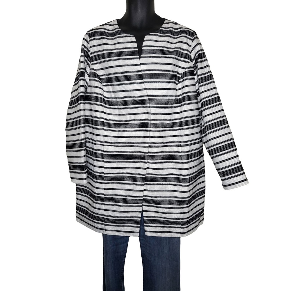 Ellos Jacket Womens 18 Plus Black White Stripe Textured‎ Tweed Collarless Coat